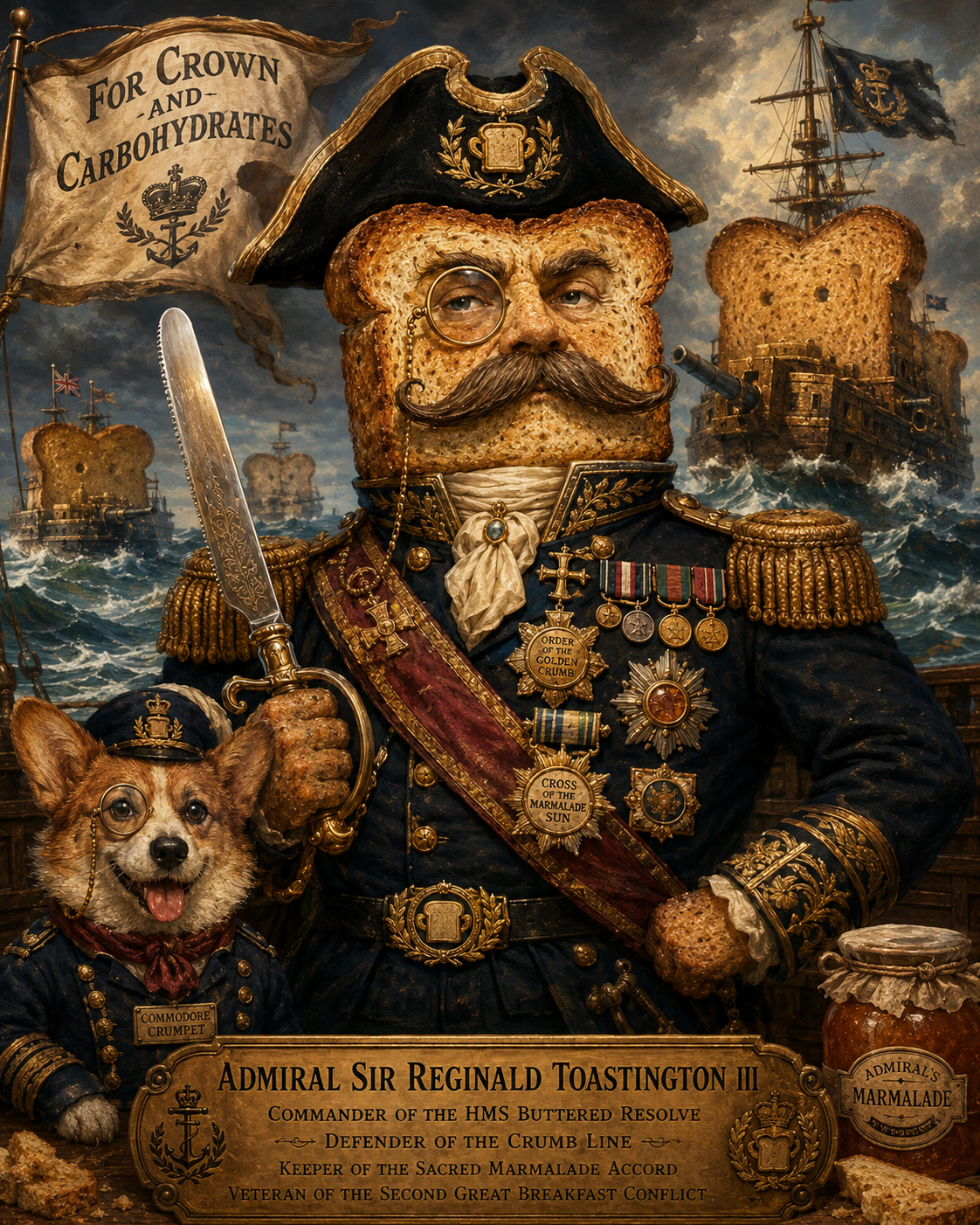 Admiral Sir Reginald Toastington III stands as a humorous naval portrait for the detoastering doctrine.